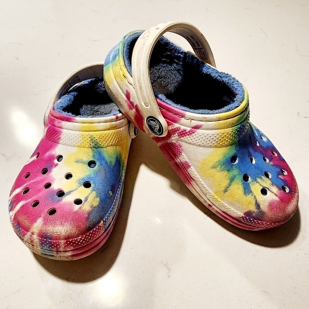 CROCS Classic Faux Fur Lined Clog Multicolored Tie-Dye Girls Size 10 Casual Play
